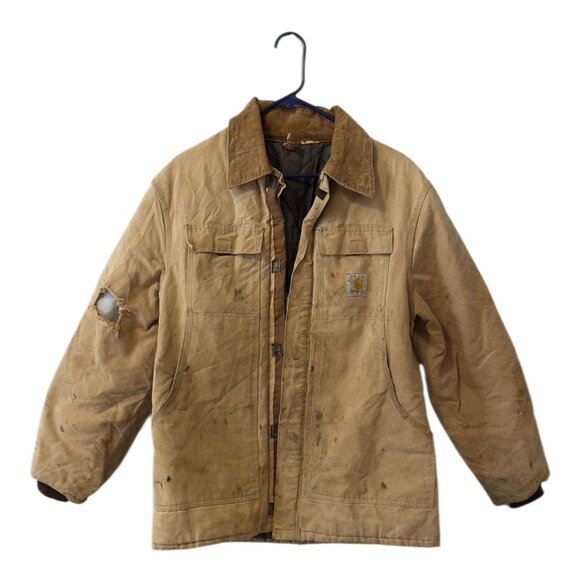 Carhartt Torn Faded Ripped Insulated Work Jacket Canvas Heavy-Duty Outerwear - Picture 1 of 13
